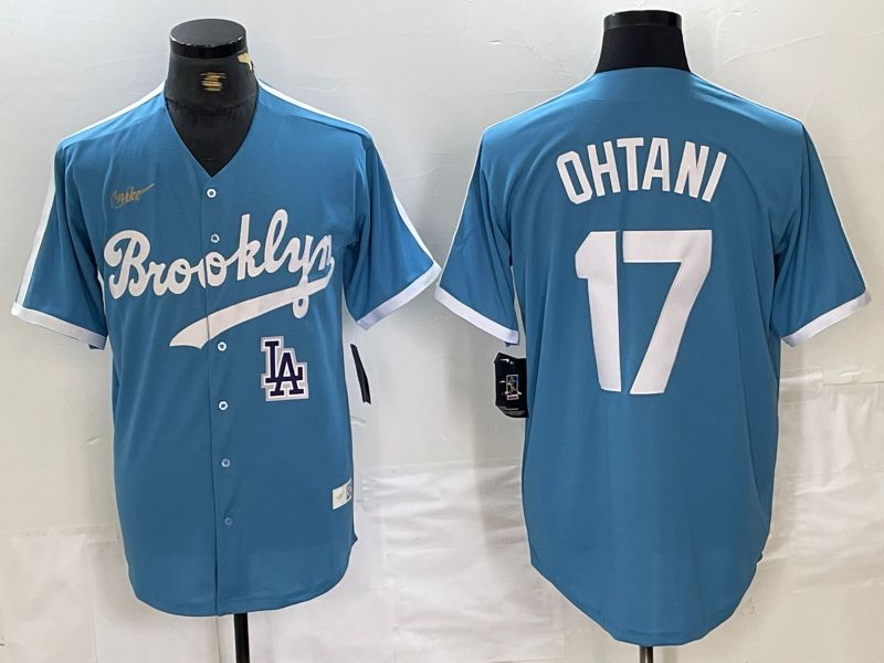 Men Los Angeles Dodgers 17 Ohtani Light blue Throwback 2024 Nike MLB Jersey style 2